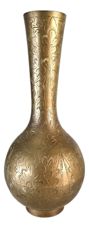Mid-Century Indian Hand-Etched Brass Vase With Mughal Floral Engraving