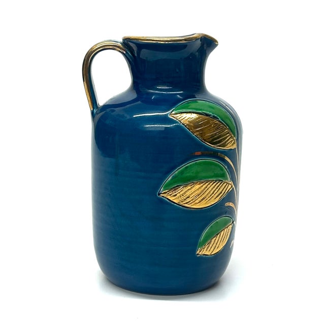 Rosenthal Stunning Blue Green & Gold Ceramic Pitcher With Leafy Motif by Aldo Bitossi for Rosenthal For Sale - Image 4 of 13