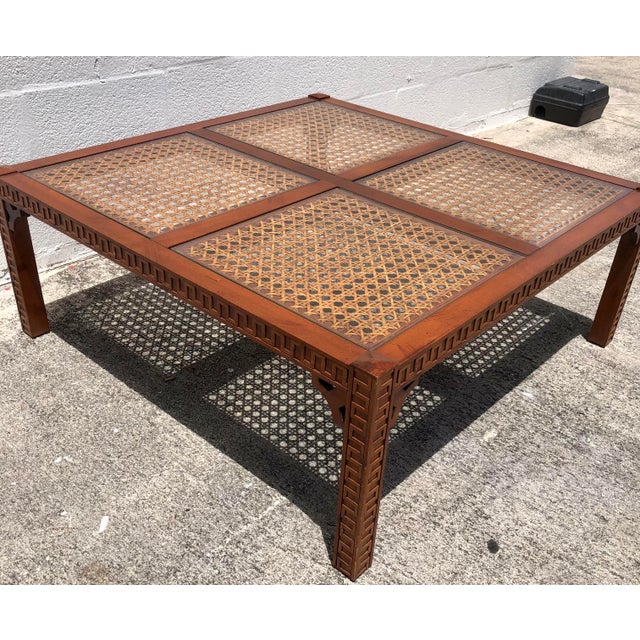 Vintage Mid Century Cane & Glass Wood Fretwork Coffee Table For Sale - Image 9 of 12