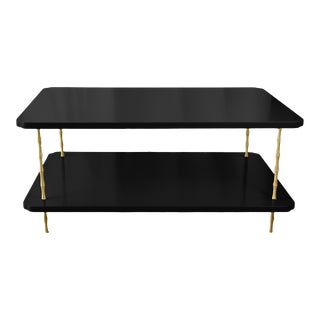 Handcrafted Satin Black Painted Two-Layer Coffee Table With Brass Bamboo Legs For Sale