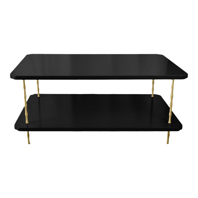 Handcrafted Satin Black Painted Two-Layer Coffee Table With Brass Bamboo Legs For Sale