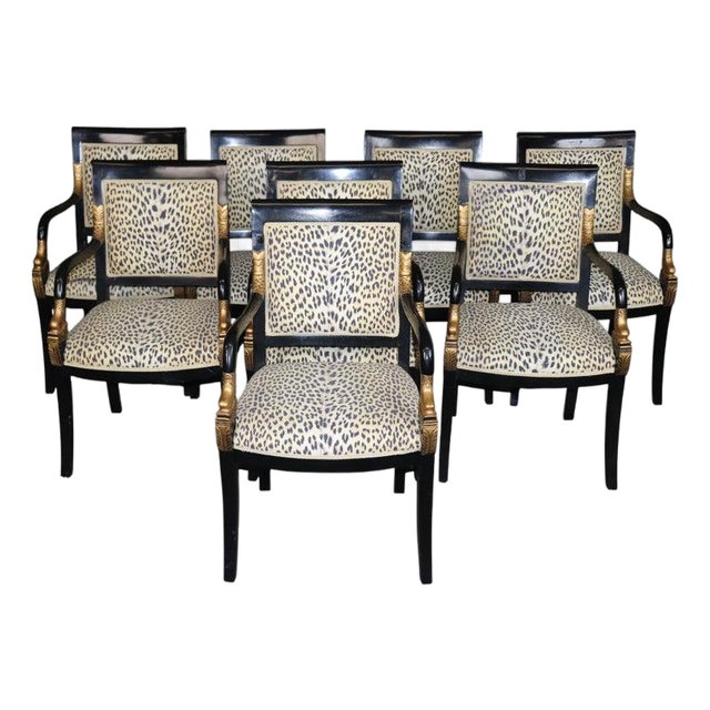 1960's Set 8 Regency Style Dolphin Head Ebonized & Gold Accent Armchairs For Sale