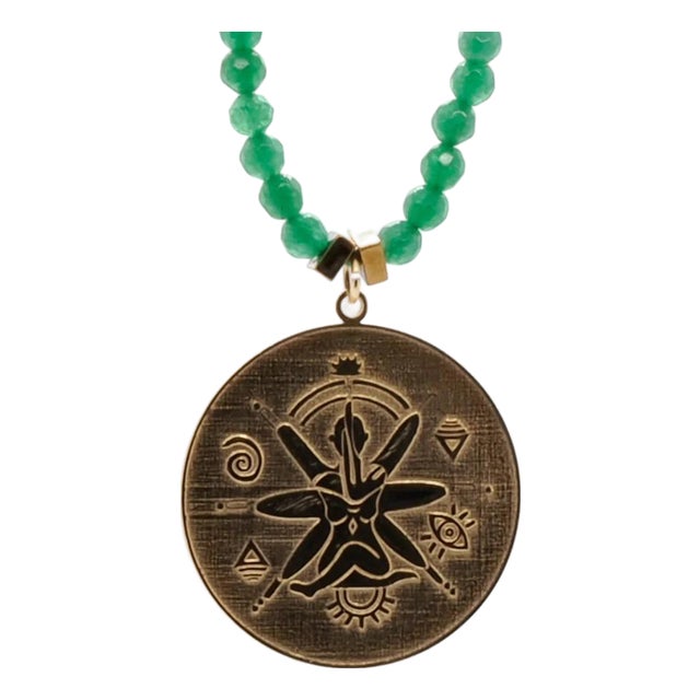 Green Jade Stone Spiritual Soul Gold Medallion Pendant Necklace For Sale