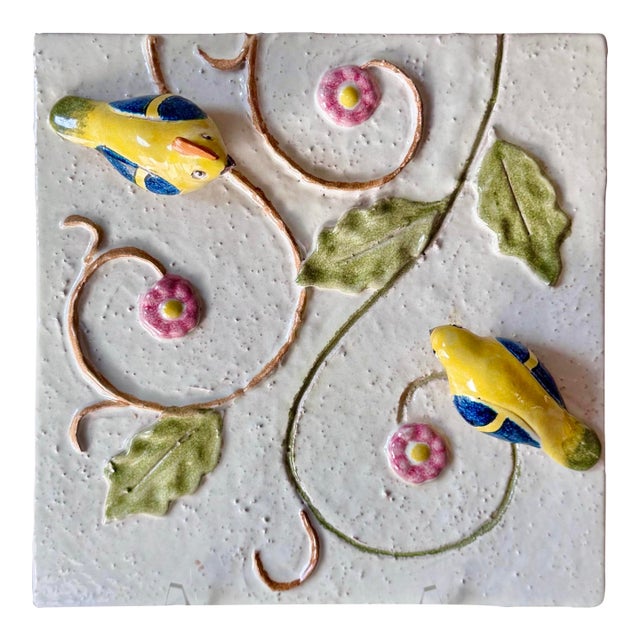 Late 20th Century Hand Painted Majolica Love Birds Sculpted Floral Decorative Wall Hanging Tile Plate For Sale