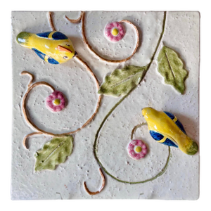 Late 20th Century Hand Painted Majolica Love Birds Sculpted Floral Decorative Wall Hanging Tile Plate