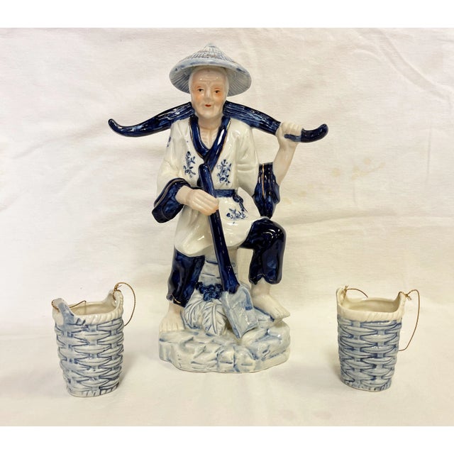 Traditional Vintage Blue and White Porcelain Asian Figurine Carrying Baskets For Sale - Image 3 of 13