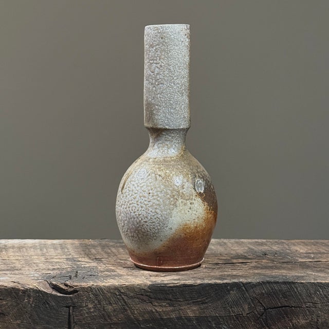 Vintage Modernist Wood Fired Stoneware Vase With Cylindrical Neck For Sale - Image 4 of 9