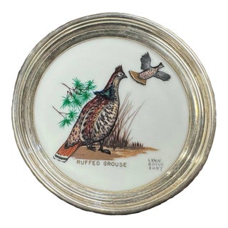 Vintage Hand Painted Porcelain Ruffed Grouse Sterling Rimmed Coaster Hunt For Sale