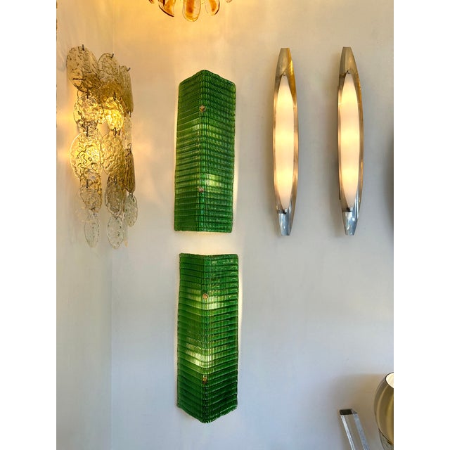Metal Contemporary Pair of Brass and Green Folded Leaf Murano Glass Sconces, Italy For Sale - Image 7 of 12