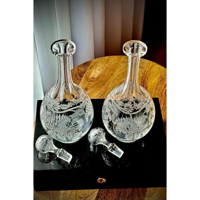 Glass Victorian Stourbridge Fern Engraved Glass Decanters, 1880, Set of 2 For Sale - Image 7 of 17