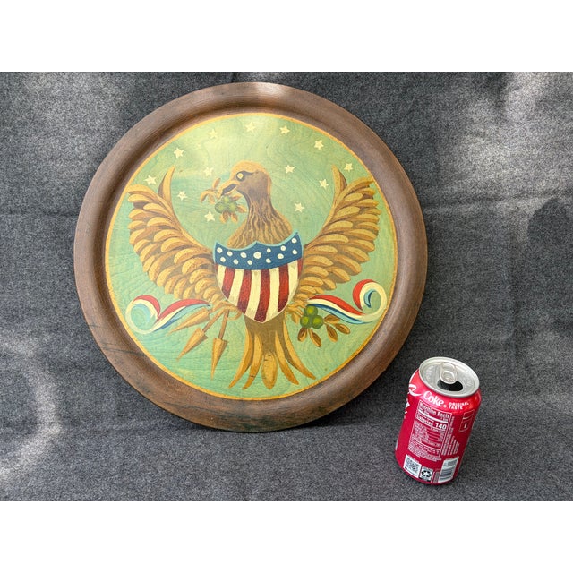 Vintage Round Wooden Hand Painted Eagle With Shield Wall Decor For Sale - Image 9 of 13