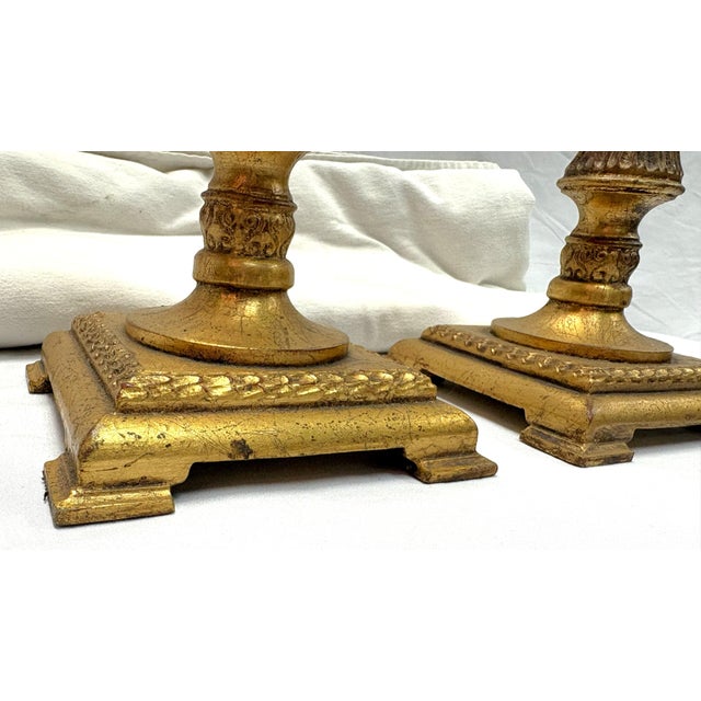 Vintage Hollywood Regency Style Gold Leaf Column Candlestick Lamps- A Pair For Sale - Image 9 of 18