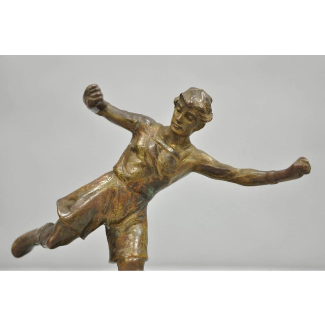 Early 20th Century Antique Art Deco Small 6" Bronze Onyx Base Soccer Futbol Player Sculpture Figure For Sale - Image 4 of 11