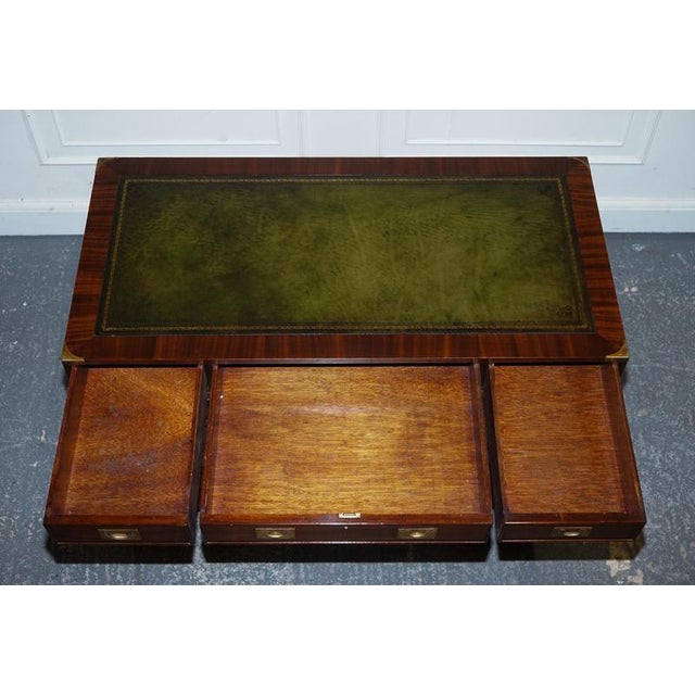 Fine Military Campaign Twin Pedestal Desk with Green Leather Top For Sale - Image 10 of 18
