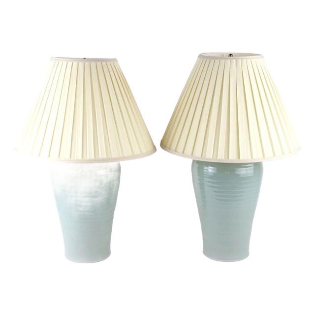 Mid 20th Century Chinoiserie Style Pair of Pale Blue Crackle Finish Porcelain Lamps - Pair For Sale