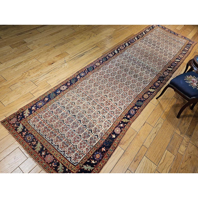 19th Century Persian Bidjar Wide Runner, Hand-Knotted Wool, Allover Paisley Pattern, Ivory & Navy, 4x14 For Sale In Chicago - Image 6 of 18