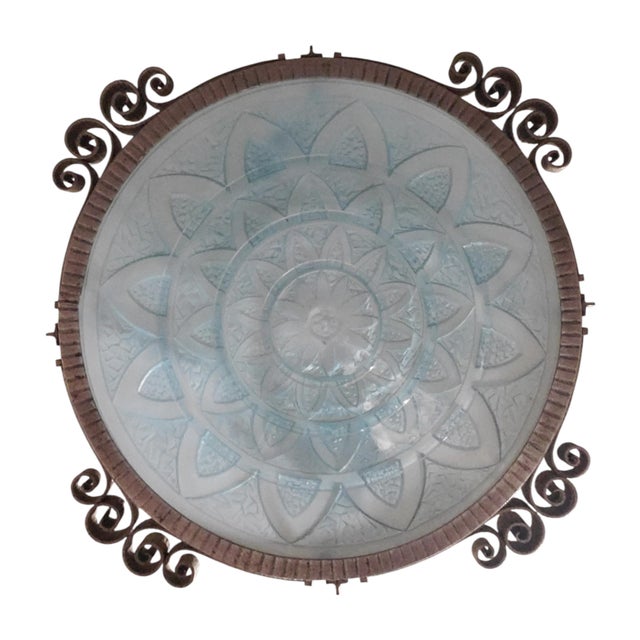 Lorrain Early 20th Century Teal Blue French Art Deco Art Glass and Iron Mounted Pendant For Sale - Image 4 of 12