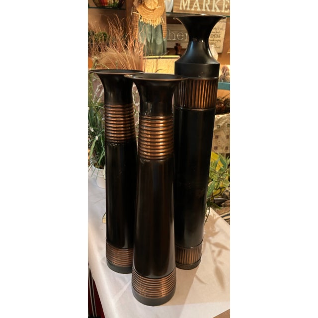 Vintage Trio of Rustic Bronze Metal Vases With Ribbed Copper Accents. Nice weighted vases with furniture protectant felt...