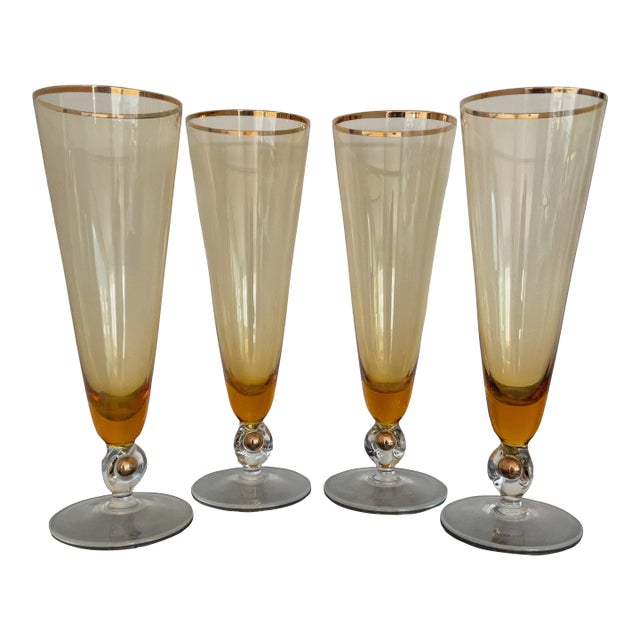 Mid-Century Italian Handblown Amber Ombre Pilsner Glass With Gold Gilt Rim & Nugget in Base - Set of 4 - 1960s For Sale