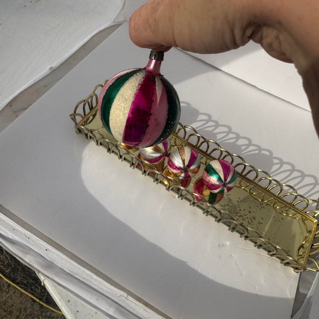 Pink Pre-Wwii Striped Polish Ornaments With Mica Stenciling- Set of 5 For Sale - Image 8 of 11