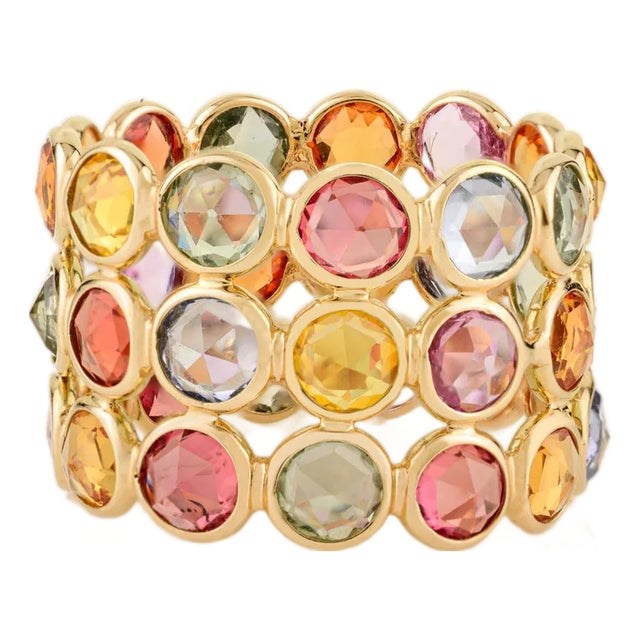 14k Gold Triple Layer Rainbow Multi Sapphire Eternity Ring Size 6.5 For Sale