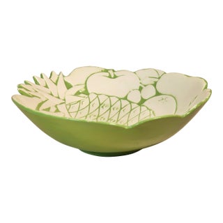 1981 Vintage Green & White Ceramic Fruit-Relief Serving Bowl With Scalloped Rim For Sale