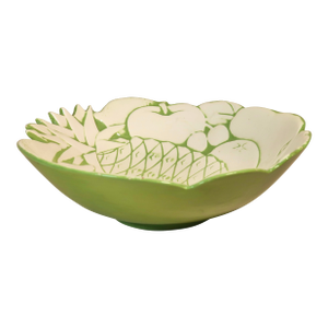 1981 Vintage Green & White Ceramic Fruit-Relief Serving Bowl With Scalloped Rim