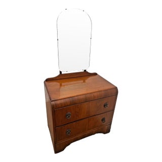 Vintage Art Deco Style Dresser Chest Two Drawers, Waterfall Top, Mirror For Sale