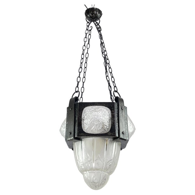 Art Deco Wrought Iron Hanging Light attributed to Hettier & Vincent, 1930s For Sale - Image 10 of 10