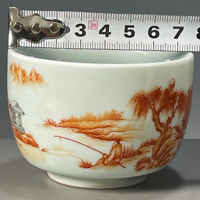 Asian Vintage Blue & White Underglaze Red Porcelain Teacup – Landscape Scene, Qianlong Mark For Sale - Image 3 of 9
