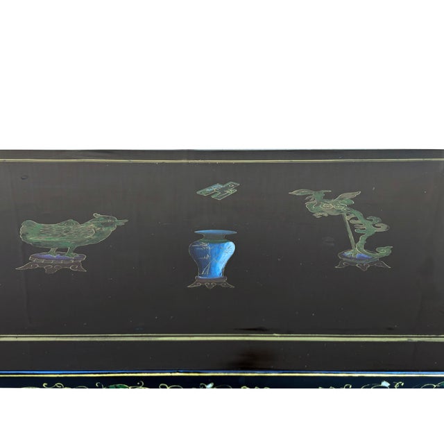 Vintage Chinoiseries Black & Stone Inlay Graphic Credenza Storage Cabinet For Sale - Image 10 of 12