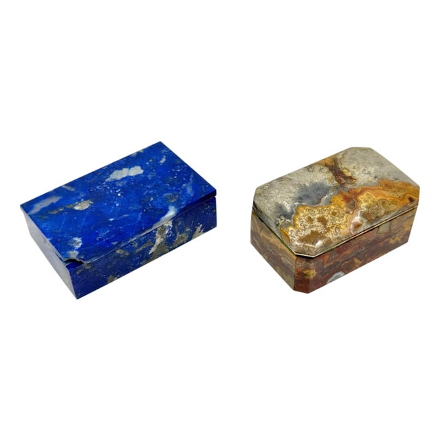1970s Pair of Stunning Small Agate and Lapis Boxes For Sale