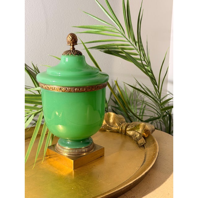 Metal Antique French Green Opaline and Brass Large Covered Jar With Acorn Finial For Sale - Image 7 of 9