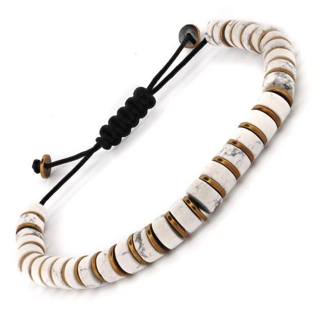 Early 21st Century Men's White Howlite & Gold Hematite Beaded Adjustable Bracelet For Sale - Image 5 of 6