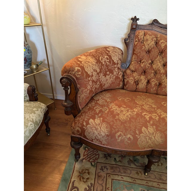 Ornate Antique Victorian - Style Carved Wood Sette and Two Matching Chairs For Sale - Image 12 of 16