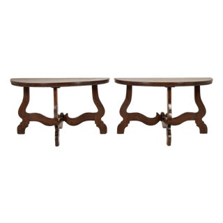 18th Century Italian Walnut Demi Lune Console Tables, Set of 2 For Sale