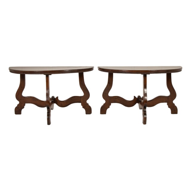 18th Century Italian Walnut Demi Lune Console Tables, Set of 2 For Sale