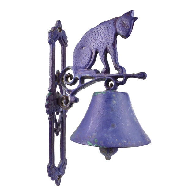 Mid-Century Cast Iron Wall Hanging Bell Sitting Cat Ornament For Sale