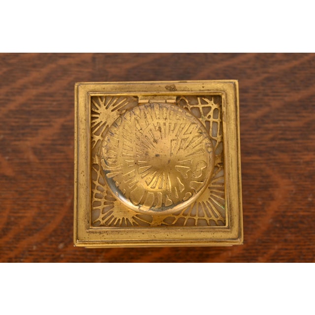 Early 20th Century Tiffany Studios New York Pine Needle Bronze Doré and Favrile Slag Glass Inkwell For Sale - Image 5 of 12