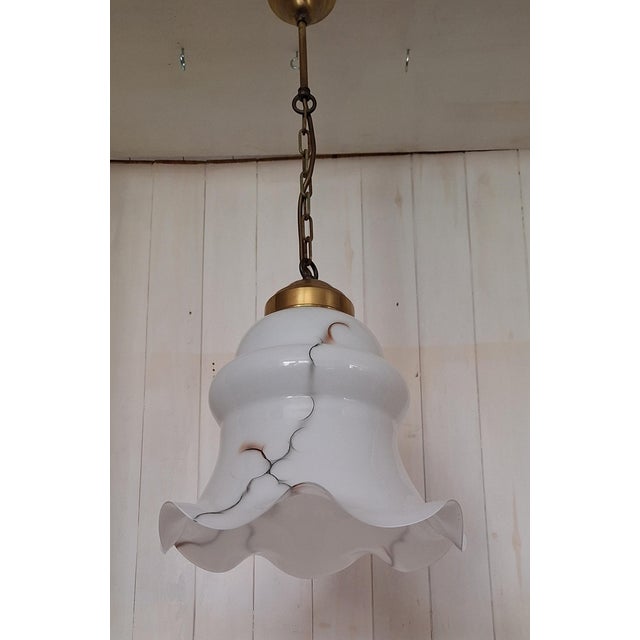Vintage Brass Pendant with Grey Marbled White Glass Shade, 1970s For Sale - Image 6 of 7