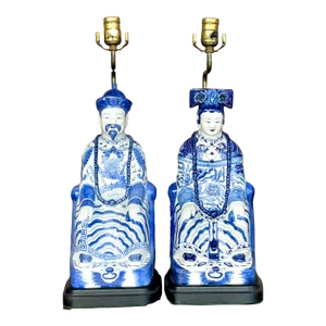 Vintage Asian Blue and White Emperor Lamps - A Pair