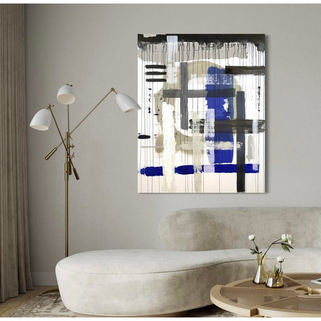 Original abstract painting by J. Kent Martin featuring layered vertical and horizontal forms in white, gray, and black....