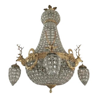 Vintage French Louis XVI Gilt Bronze Deer Chandelier For Sale