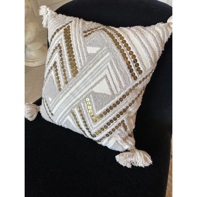 Contemporary Textured Cotton and Brass Art Deco Pillow With Tassels For Sale - Image 3 of 12