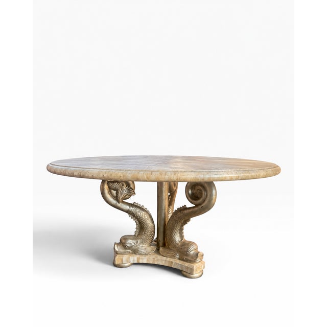 Vintage Hollywood Regency Round Tessellated Stone Dining Table With Sculptural Dolphin Pedestal For Sale In Boston - Image 6 of 11