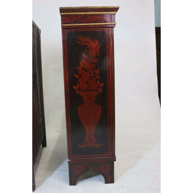 Wood 19th Century Exquisite Pair Dutch Colonial Oxblood Lacquered Floral Motif Cabinets-Proven. - a Pair For Sale - Image 7 of 8