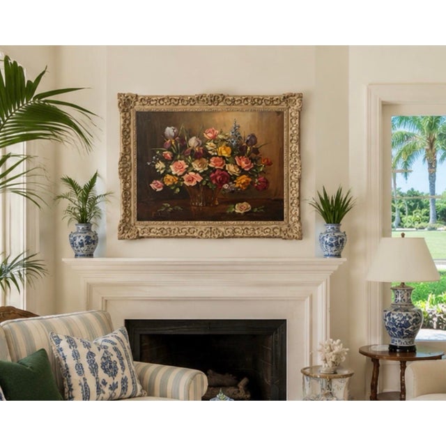 Vintage Continental Floral Still Life Oil Painting – Ornate Baroque Style Frame For Sale - Image 9 of 12