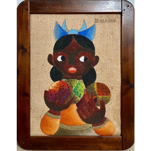 Folk Art Jose Maria de Servin, Folk Art Mexican Girl Oil Painting on Burlap Charming Naive African American Art For Sale - Image 3 of 7