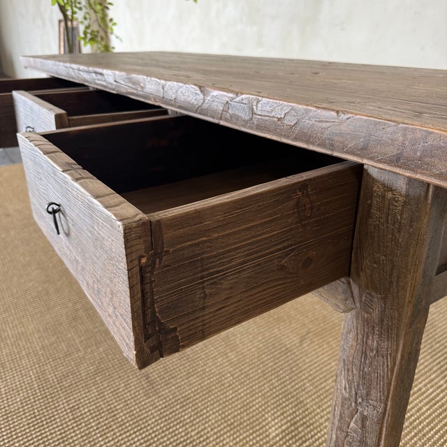 Antique Elm Wood Console With Painted Finish 3 Drawers 82" For Sale - Image 11 of 11