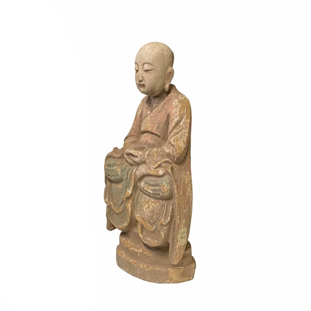 Chinese Chinese Rustic Distressed Finish Wood Lohon Monk Statue For Sale - Image 3 of 5
